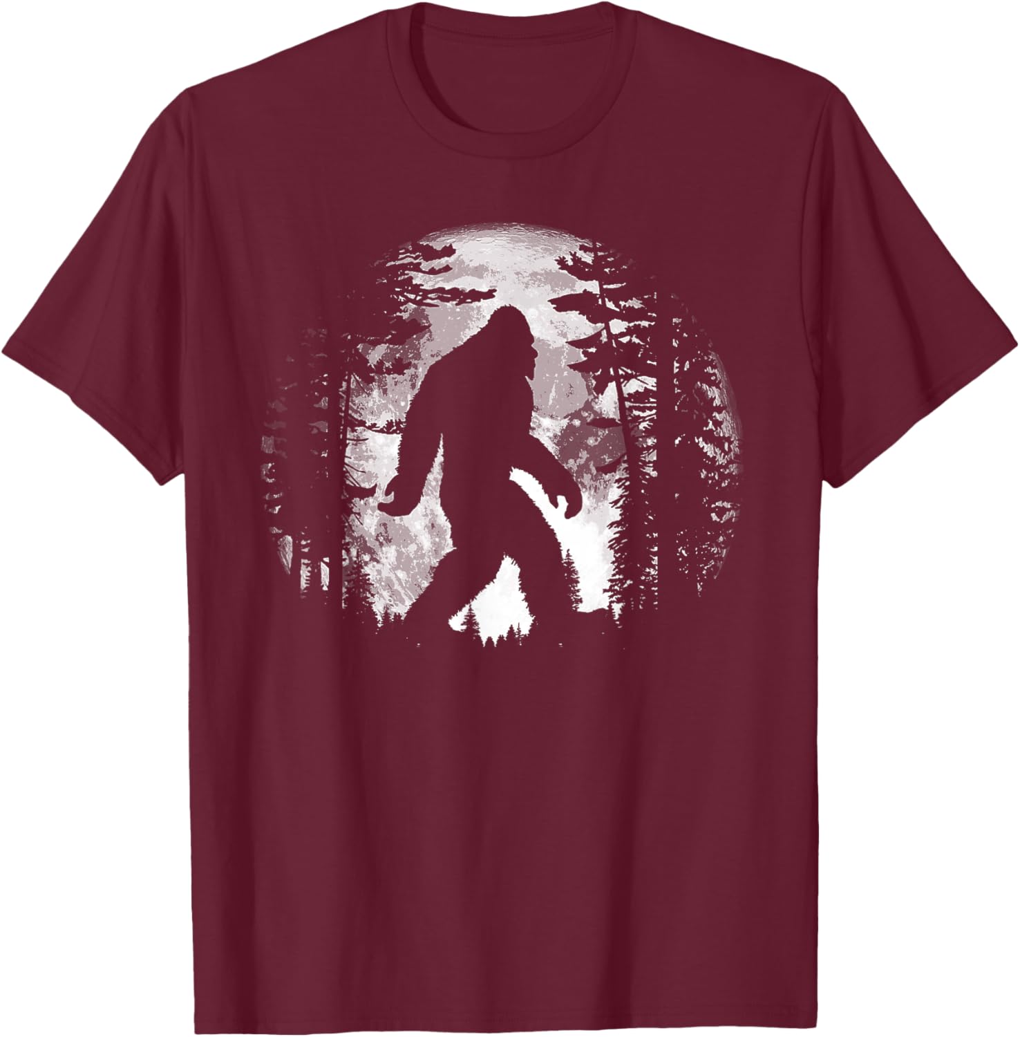 Bigfoot Night Stroll Cool Full Moon & Tree Tunnel Sasquatch T-Shirt - T-Shirt | Maroon