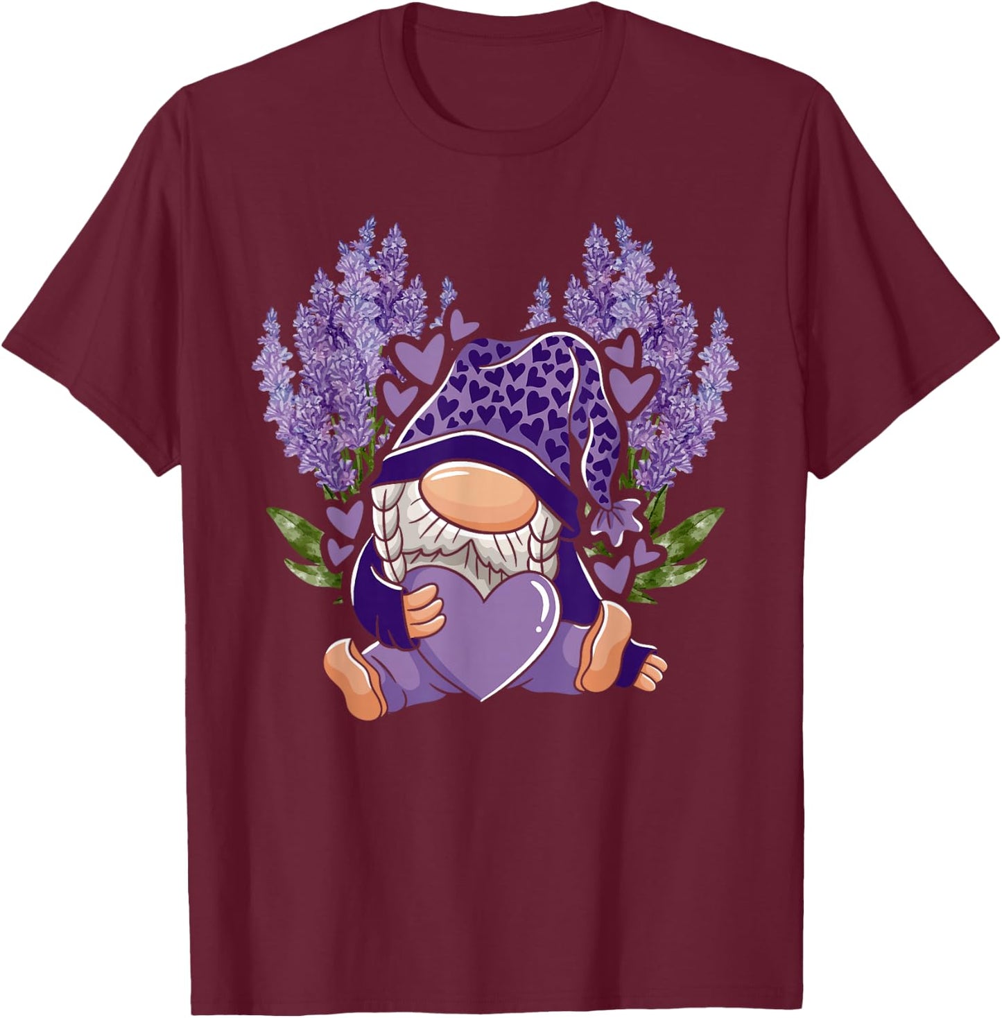 Lavender Gnome Gardening Floral Flower Purple Gnome T-Shirt - T-Shirt | Maroon