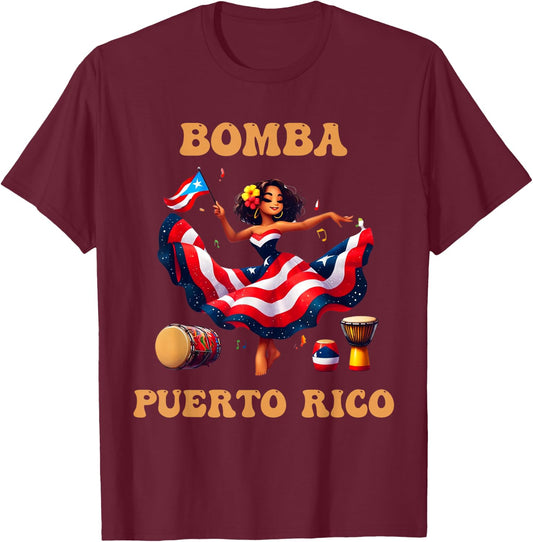 Puerto Rico Flag Hispanic Heritage Month Women Bomba Dancer T-Shirt - T-Shirt | Maroon