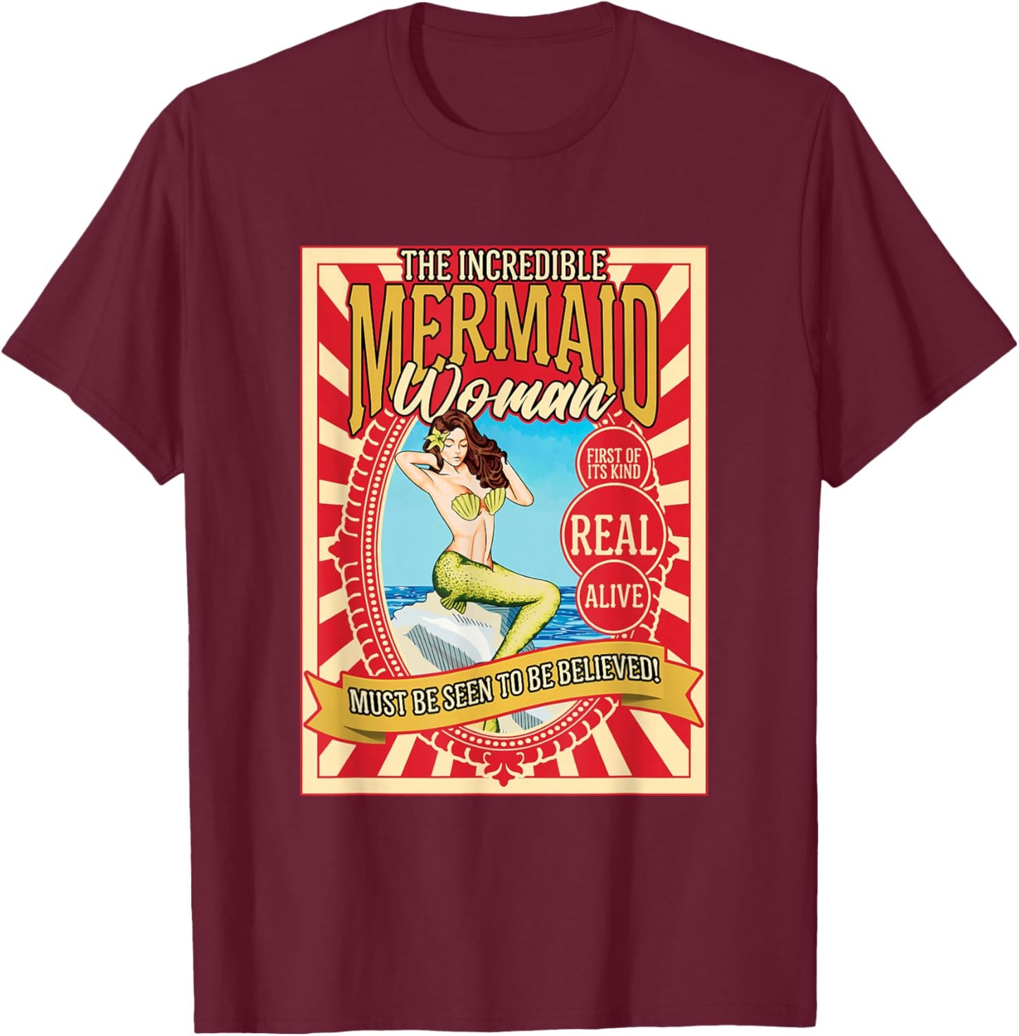 Vintage Mermaid Circus Freak Show Carnival Beautiful Siren T-Shirt - T-Shirt | Maroon
