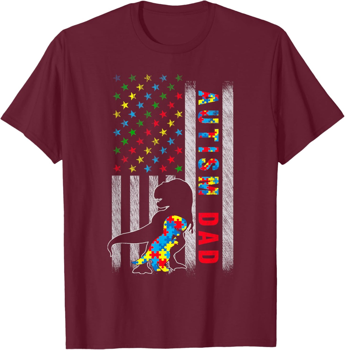 Autism Dad US Flag Dinosaur Autism Awareness T-Shirt - T-Shirt | Maroon