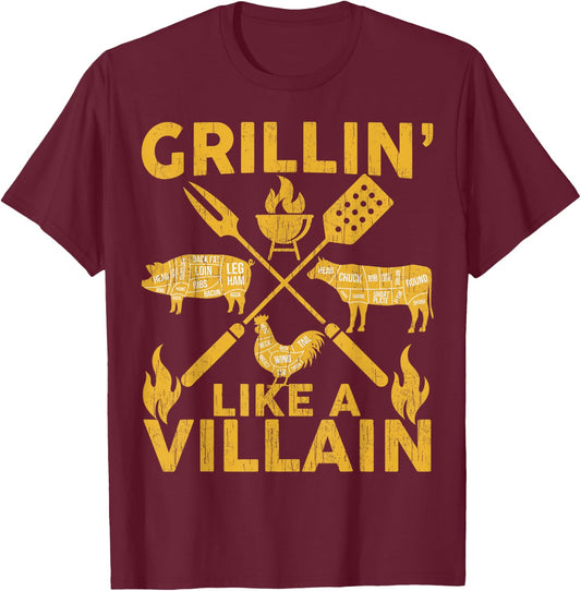 BBQ-Shirt Funny Grillin Like A Villain Barbecue Grilling Men T-Shirt - T-Shirt | Maroon