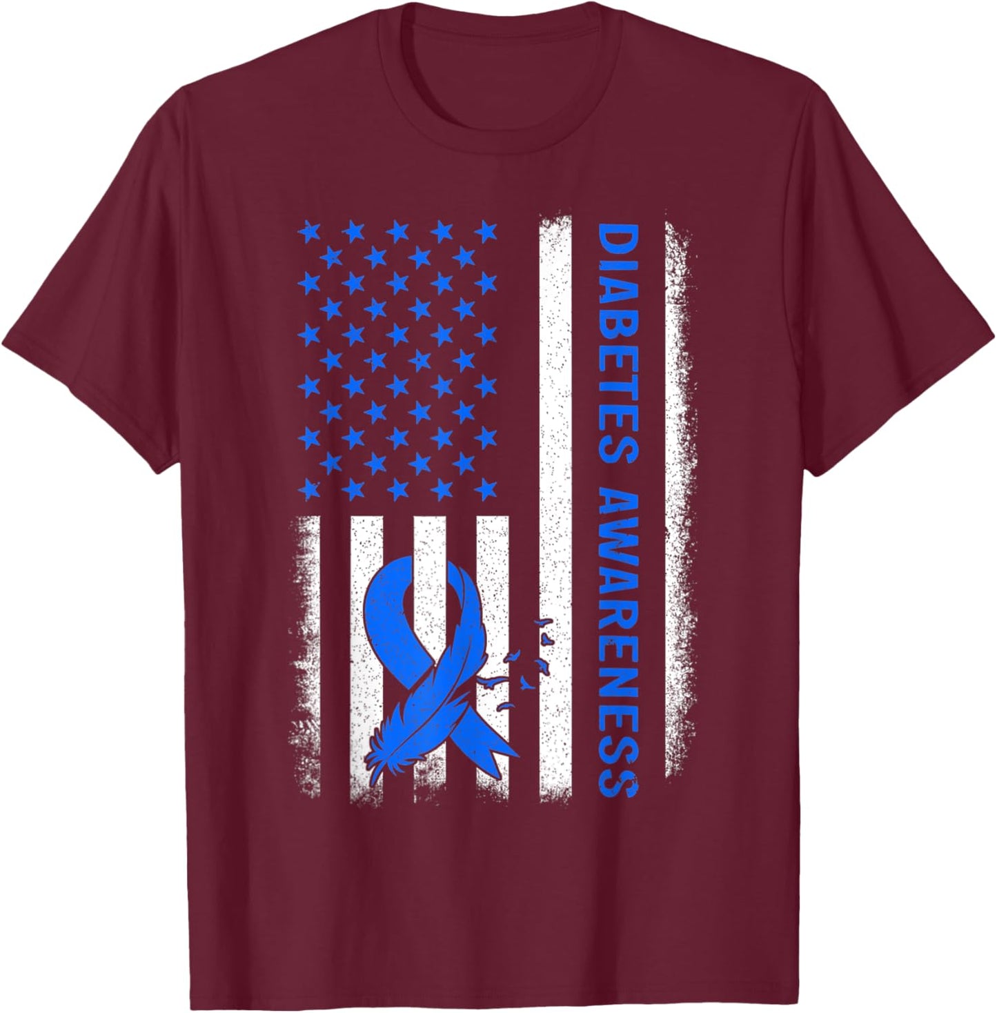 Type 1 Diabetes Awareness American US Flag Blue Ribbon Gift T-Shirt - T-Shirt | Maroon