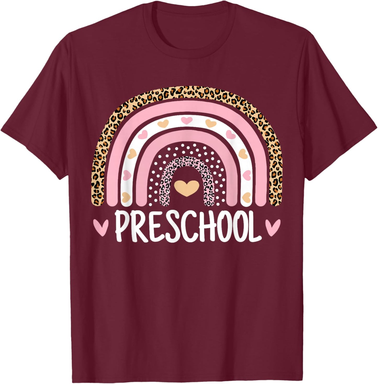 Leopard Rainbow Preschool Teacher Funny Back to School Kids T-Shirt - T-Shirt | Maroon
