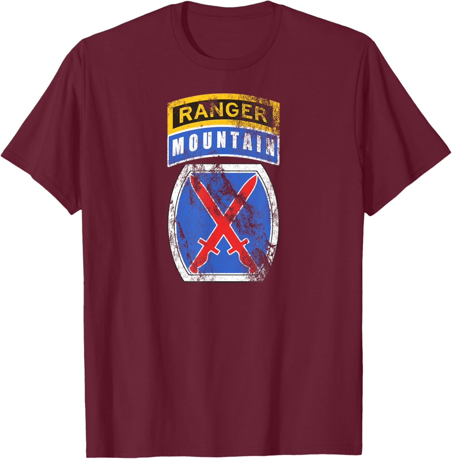 10th Mountain (MTN) Division Patch Ranger Tab Distressed T-Shirt - T-Shirt | Maroon