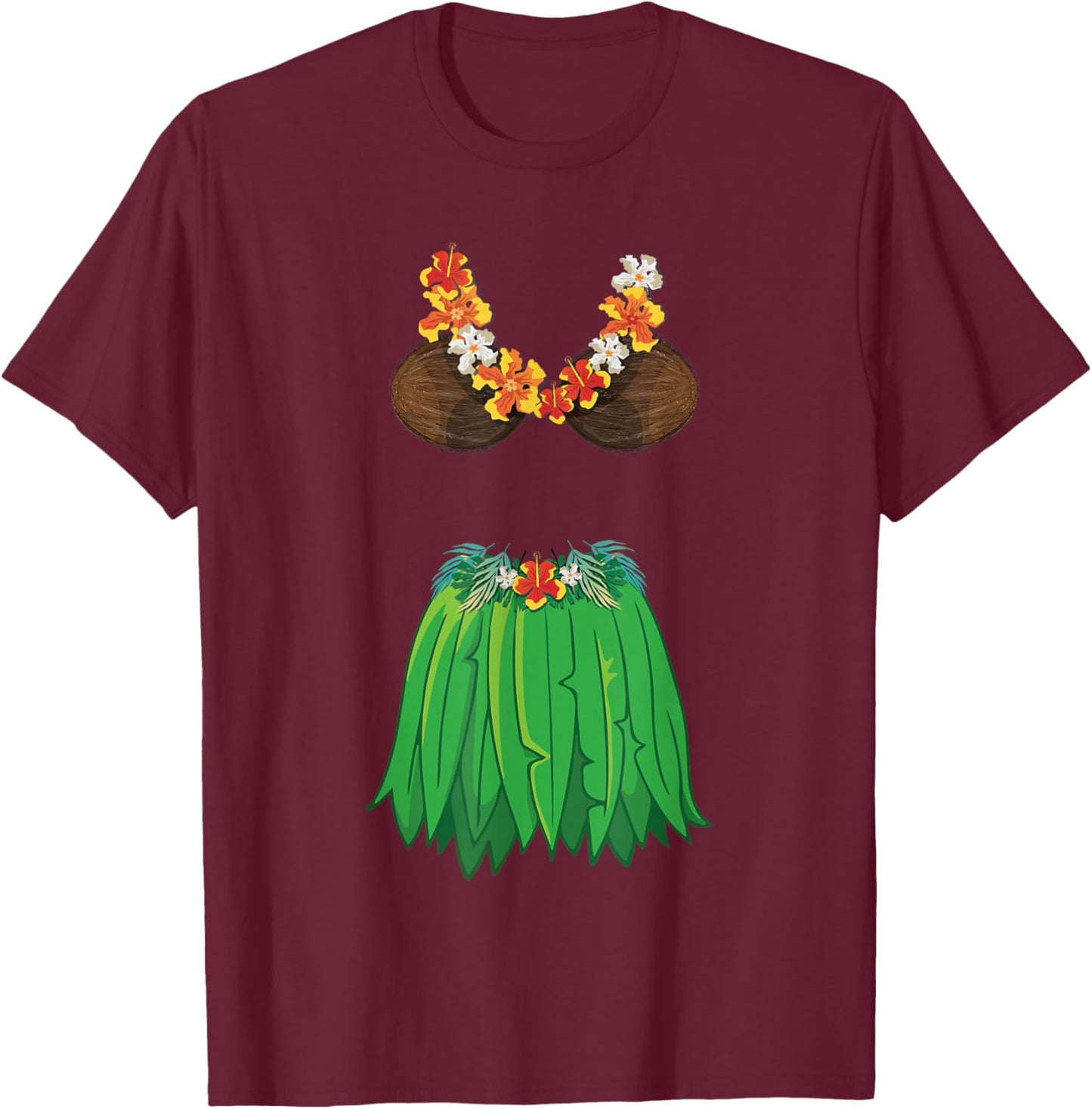 Coconut Bra Grass Skirts Lei Flowers Summer Party Hawaii Women T-Shirt - T-Shirt | Maroon