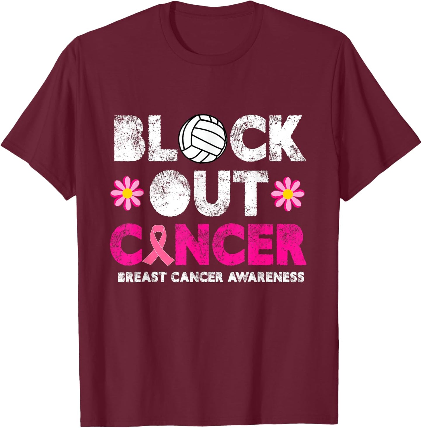 Volleyball Pink Breast Cancer Awareness Block Out Cancer T-Shirt - T-Shirt | Maroon