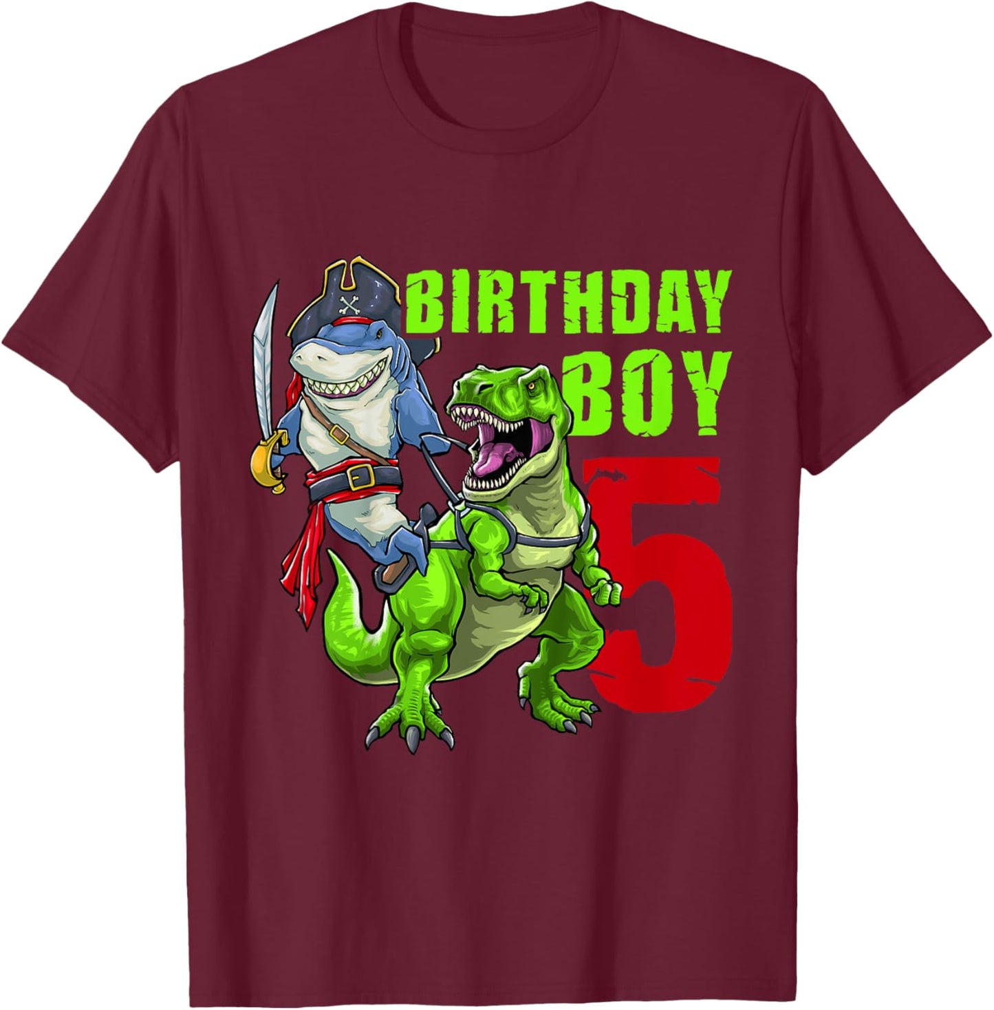 Kids 5th Birthday Boy 5 Years Old Dinosaur Pirate Shark T-Shirt - T-Shirt | Maroon