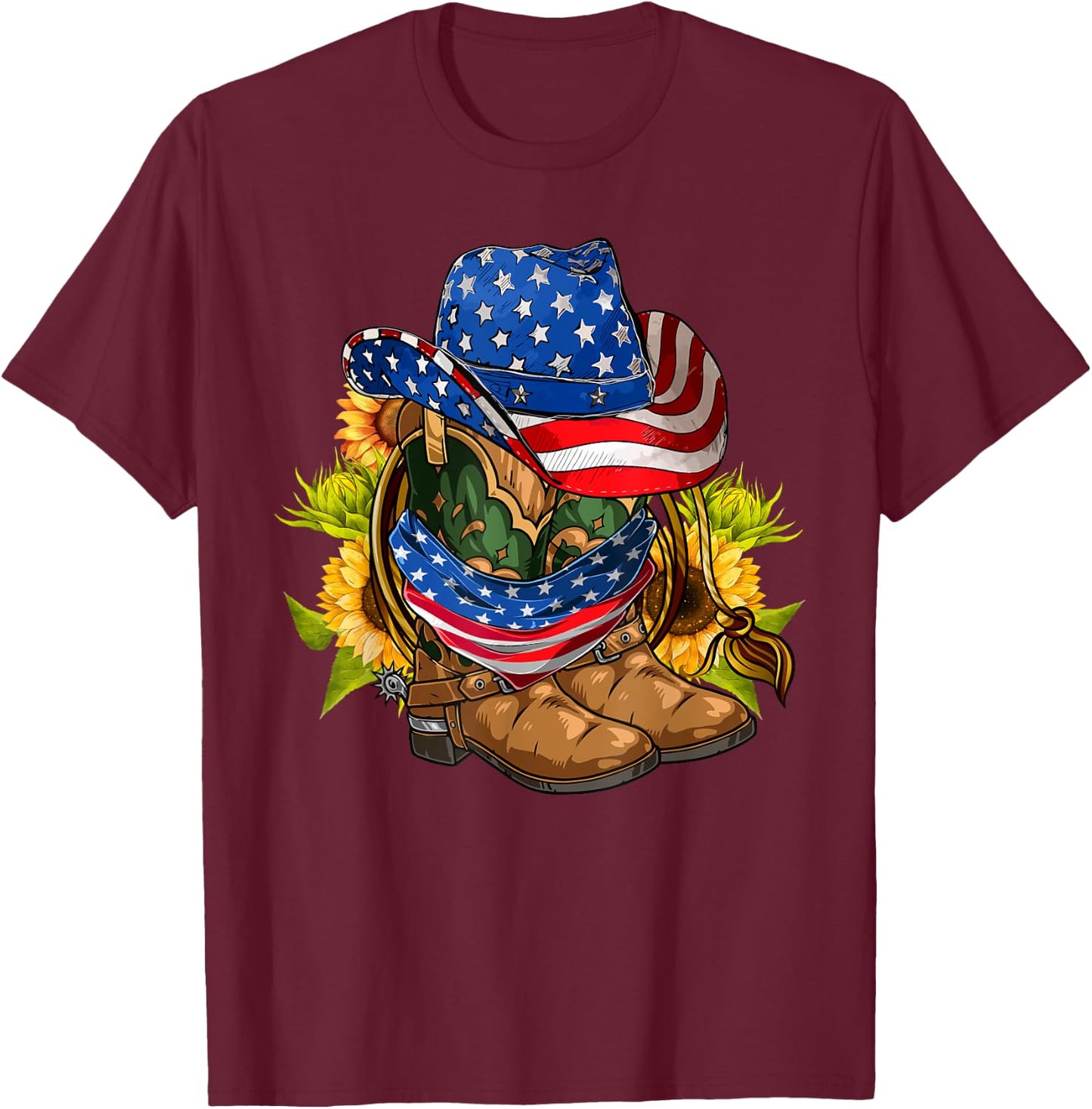 Retro Cowboy Cowgirl Boots & Hat USA Flag 4th Of July Boys T-Shirt - T-Shirt | Maroon