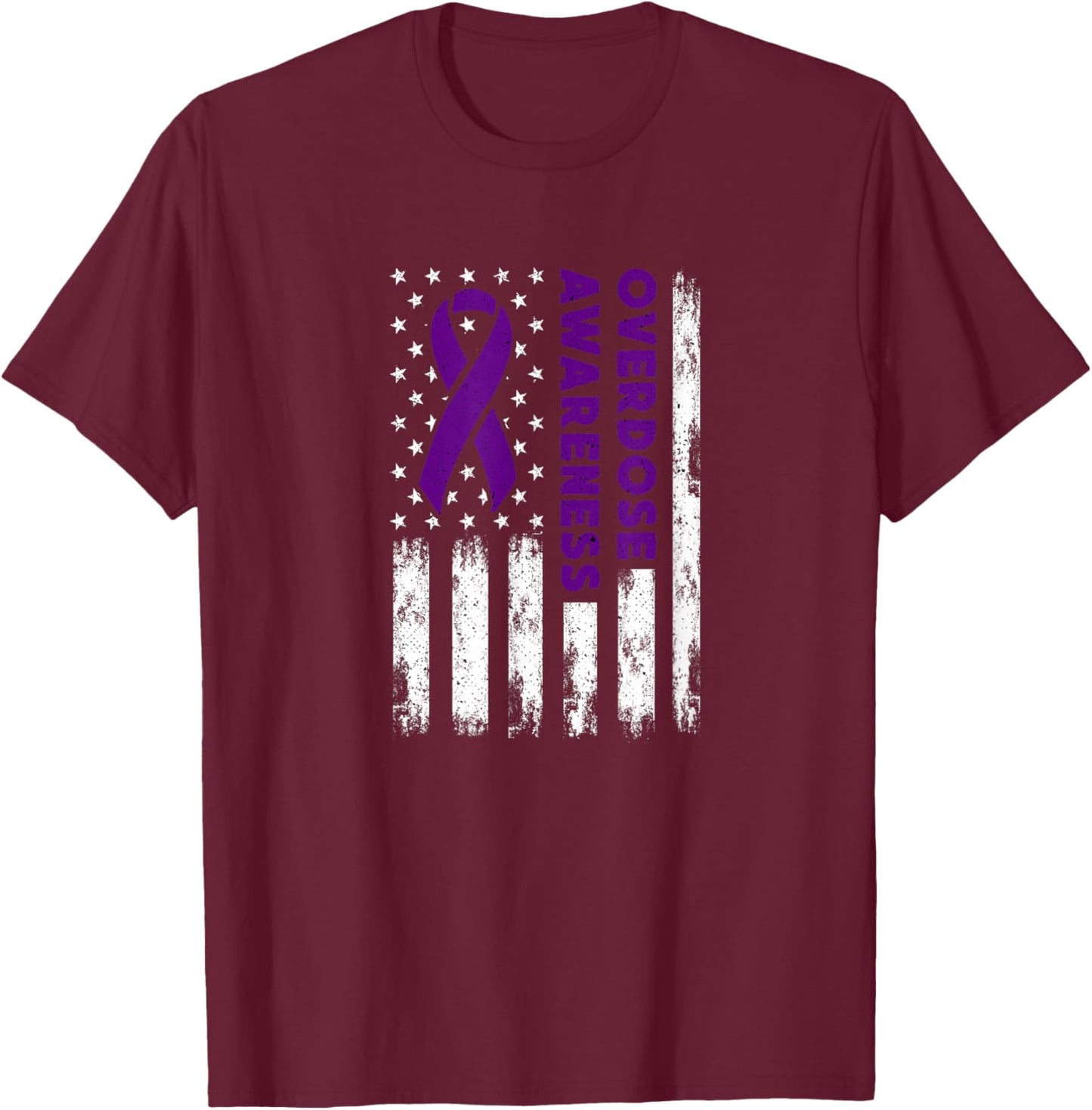 Overdose Awareness Flag Purple Ribbon Addiction Recovery T-Shirt - T-Shirt | Maroon