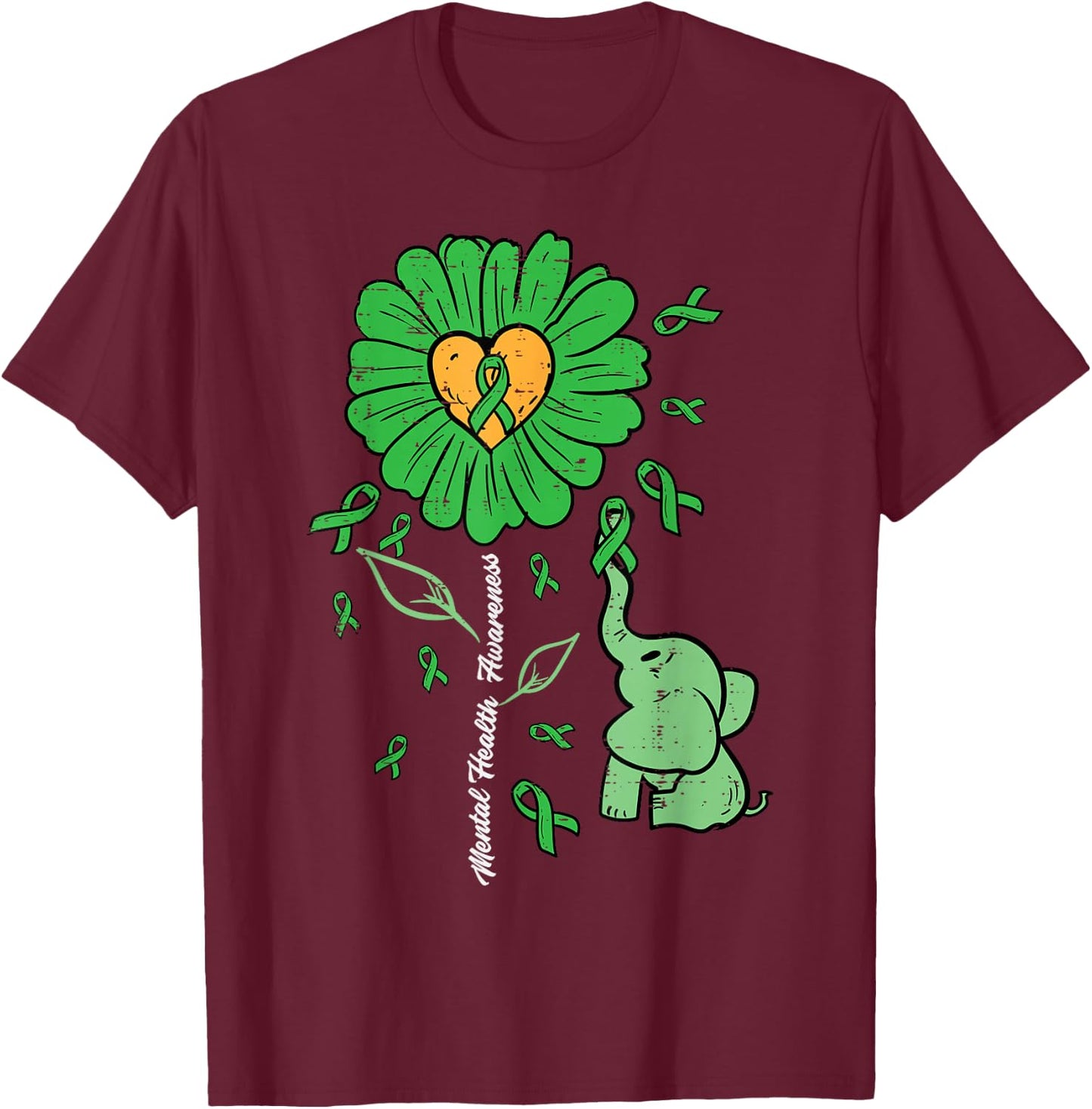Mental Health Elephant Flower Ribbon Awareness Women Kids T-Shirt - T-Shirt | Maroon