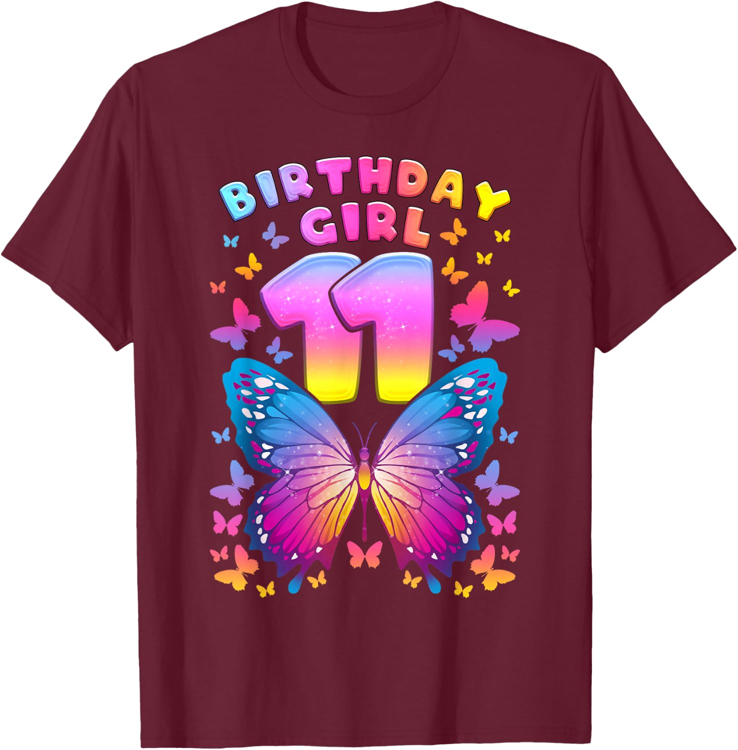 11th Birthday Girl Age 11 Butterfly Number 11 T-Shirt - T-Shirt | Maroon
