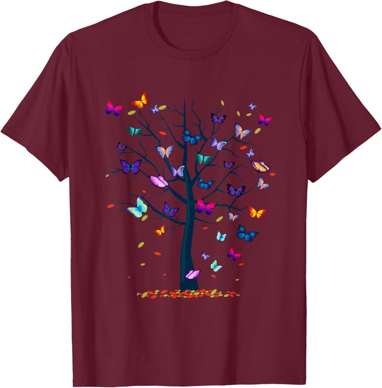 A & E C Butterfly Tree Beautiful Women's Black Butterfly Graphic T-Shirt - T-Shirt | Maroon