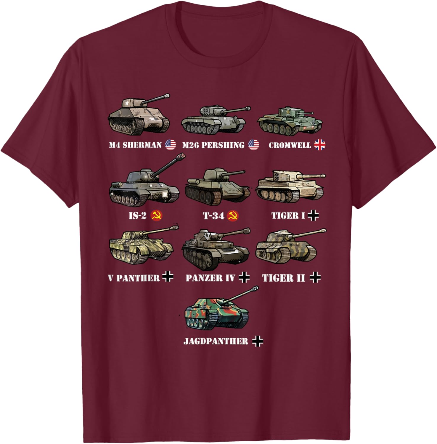 WW2 Tanks M4 Sherman Panzer IV Tiger II T-34 History Buff T-Shirt - T-Shirt | Maroon