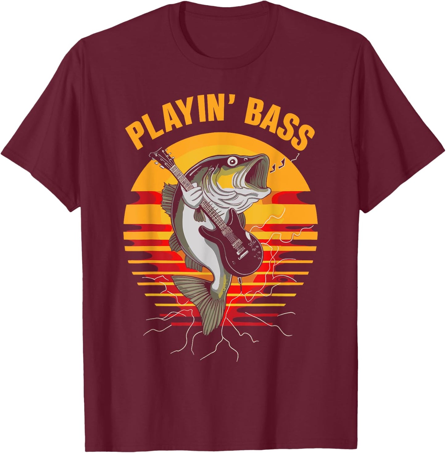 Playin' Bass - Fun Fishing Guitar and Music Retro T-Shirt - T-Shirt | Maroon