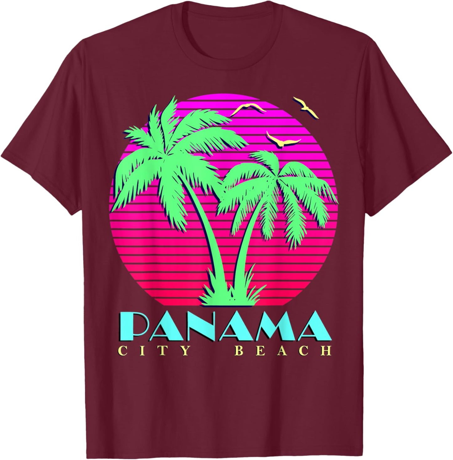 Panama City Beach 80s Palm Trees Summer Sunset sun T-Shirt - T-Shirt | Maroon