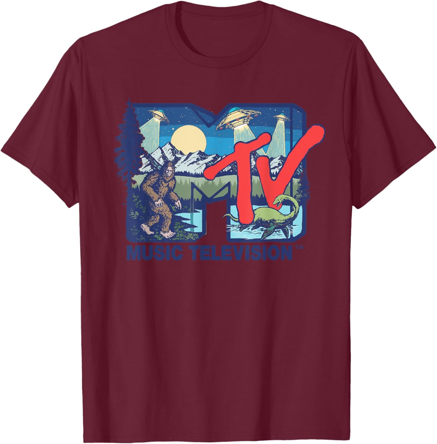 Mademark x MTV - Cryptid MTV Logo Featuring Bigfoot, UFO, Aliens & Nessie T-Shirt - T-Shirt | Maroon