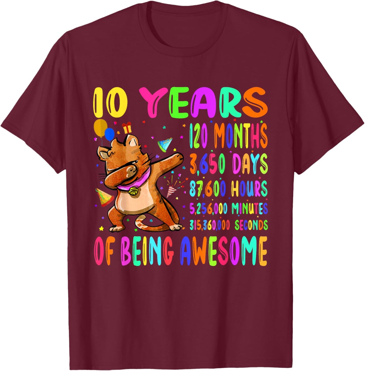 Dabbing Cat 10 Years 120 Months Boy Girl 10th Birthday Party T-Shirt - T-Shirt | Maroon