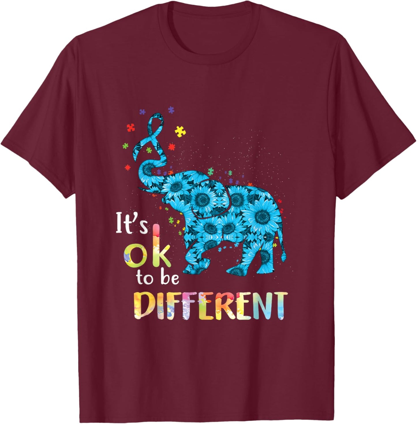 It's Ok To Be Different Elephant Autism Awareness T-Shirt - T-Shirt | Maroon