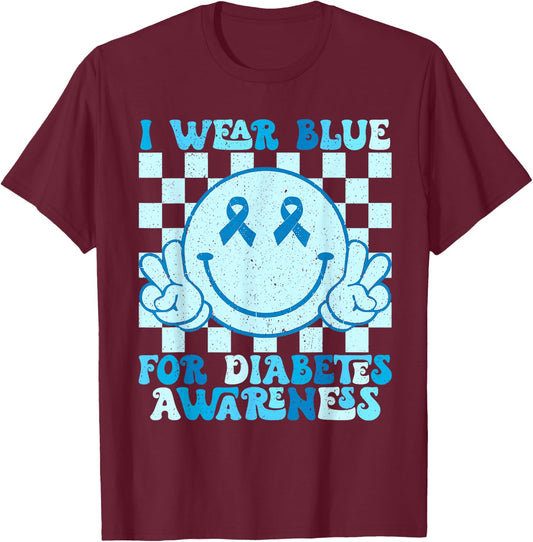 I Wear Blue for Diabetes Awareness Month Smile Face Diabetic T-Shirt - T-Shirt | Maroon