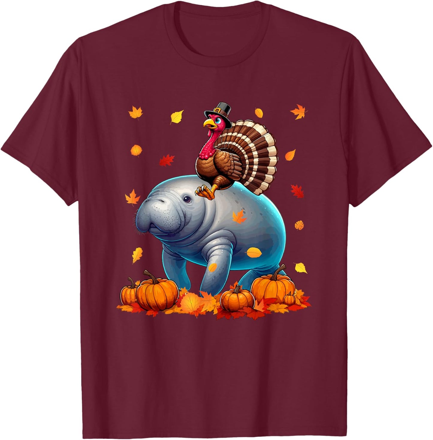 Turkey Riding Manatee Thanksgiving Fall Leaves Pumpkins T-Shirt - T-Shirt | Maroon