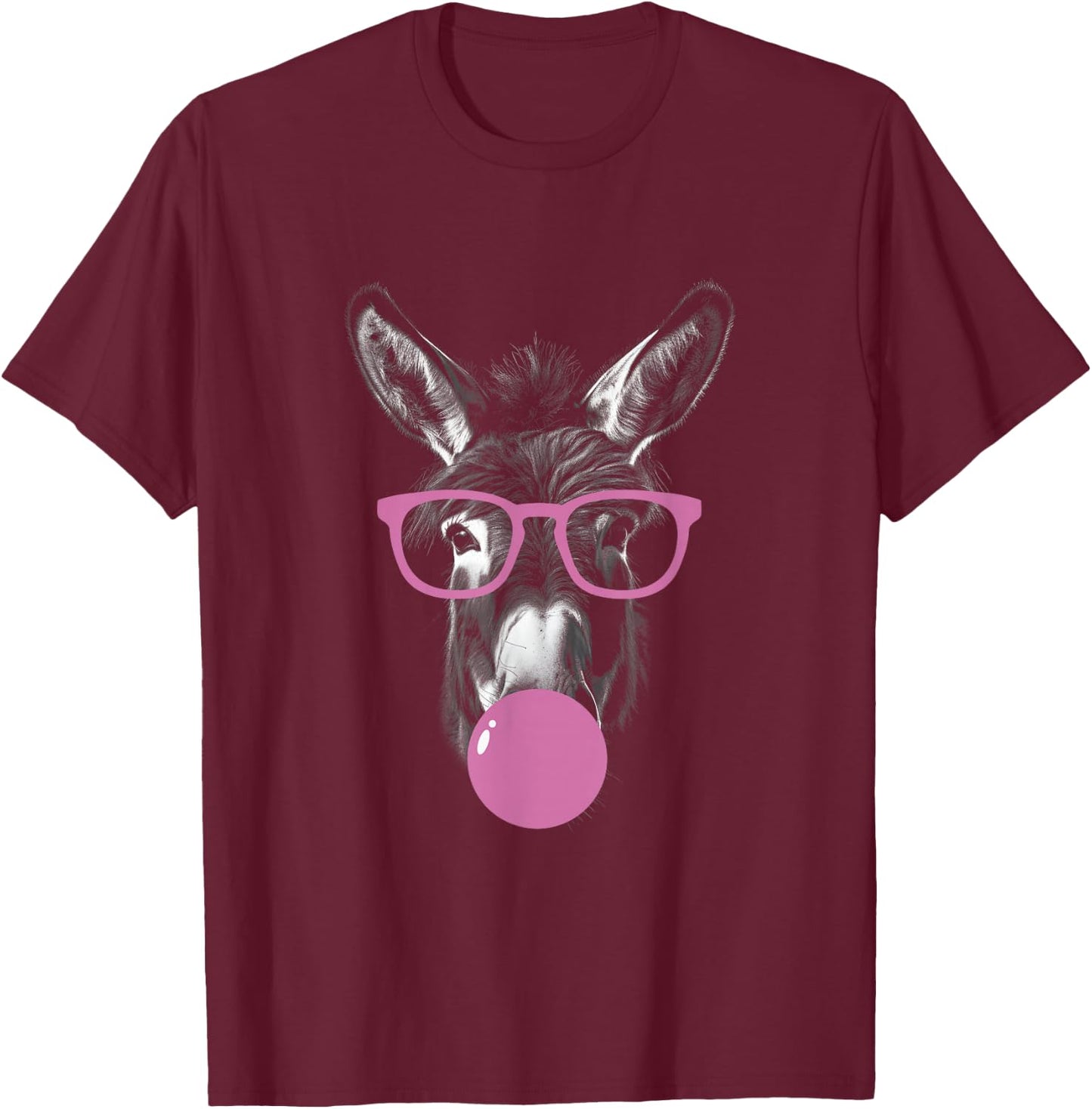 Cool Donkey Face Eating Gum And Makes A Bubble Cute Donkey T-Shirt - T-Shirt | Maroon