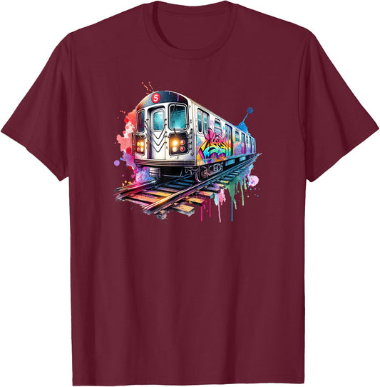 New York trains watercolor style, NYC subway car retro T-Shirt - T-Shirt | Maroon