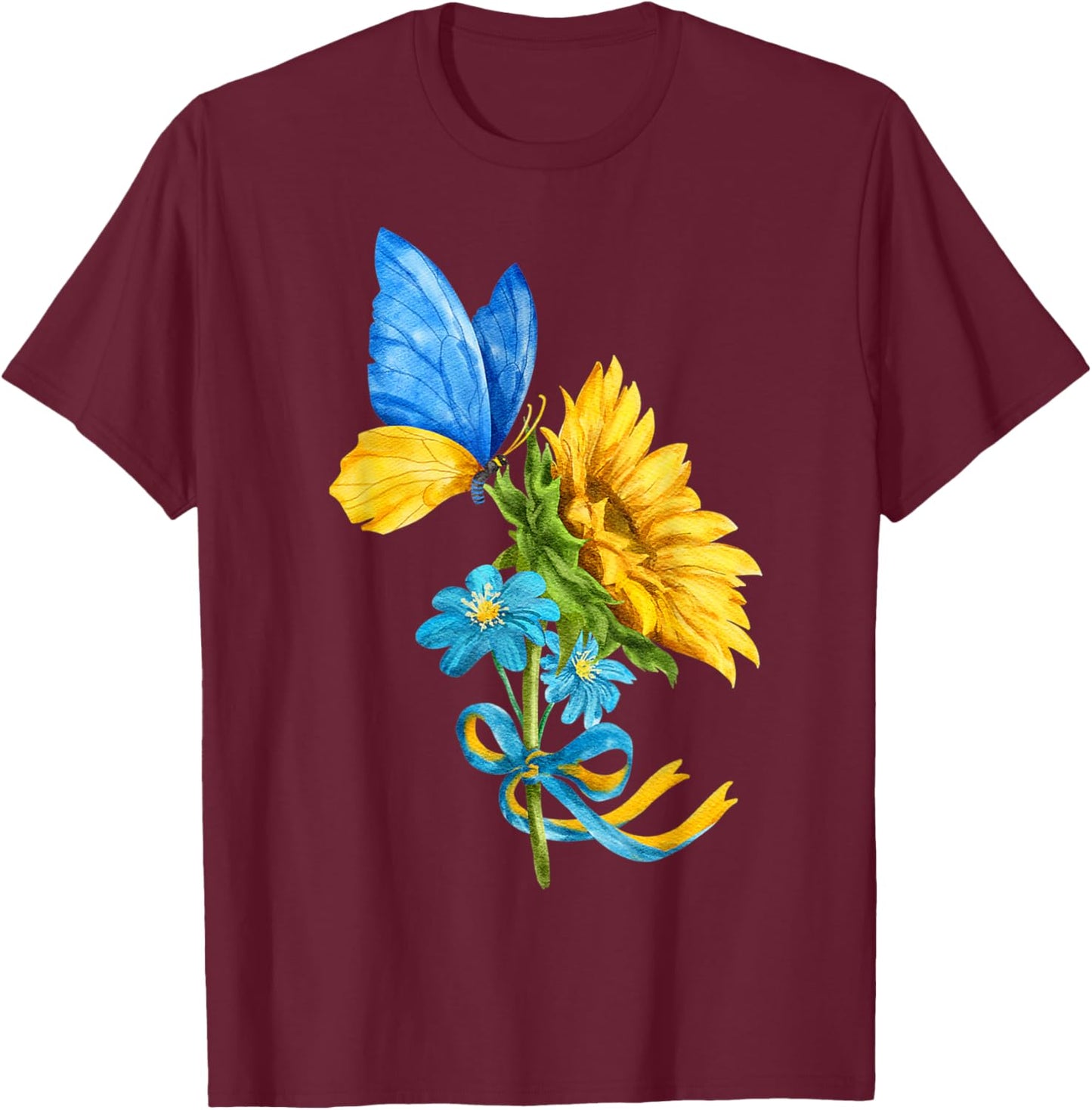 Sunflower Ukraine Flag Butterfly Shirt Ukrainian Flag T-Shirt - T-Shirt | Maroon