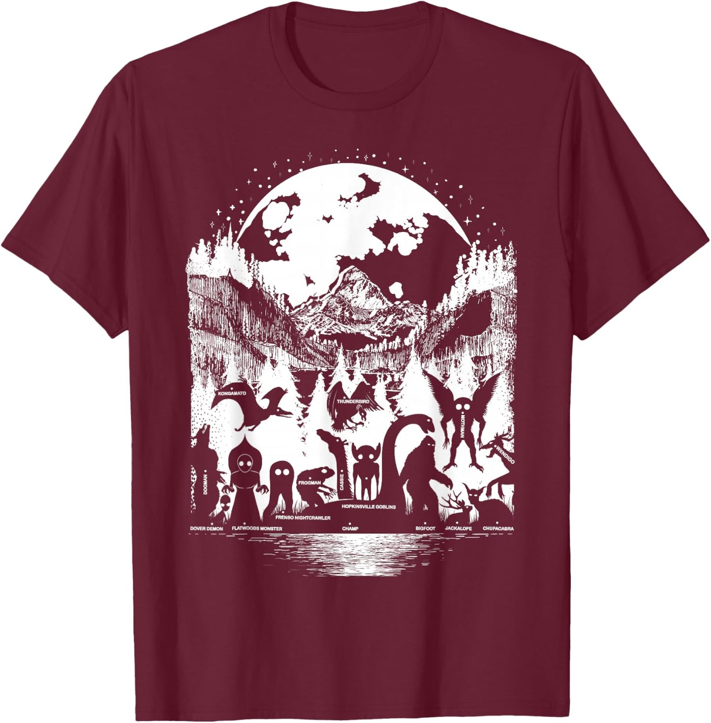 Cryptid Monsters Bigfoot Mothman Dogman Moon Cryptozoology T-Shirt - T-Shirt | Maroon