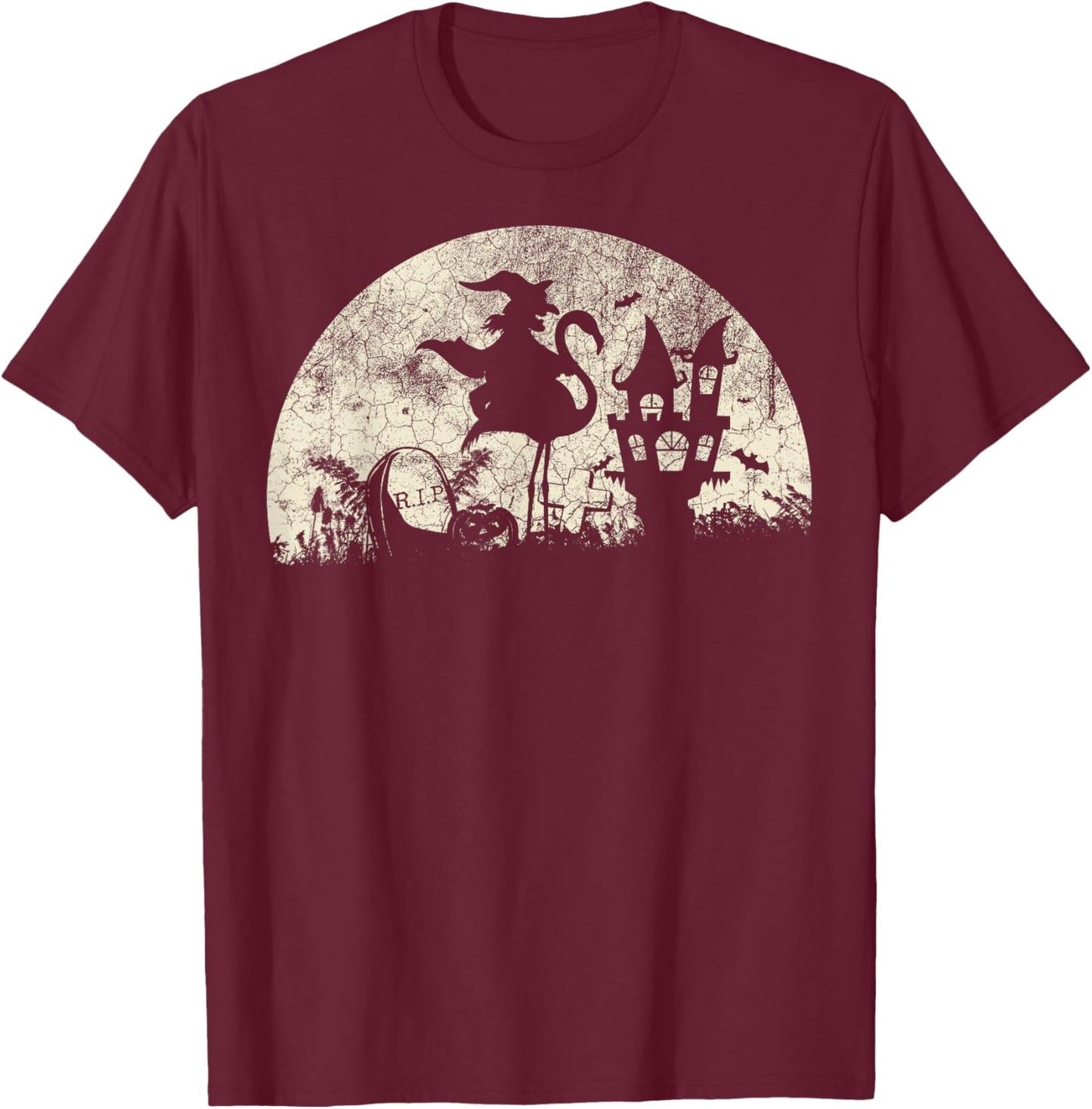 Halloween Witch on Flamingo - Funny Trick or Treat Costume T-Shirt - T-Shirt | Maroon