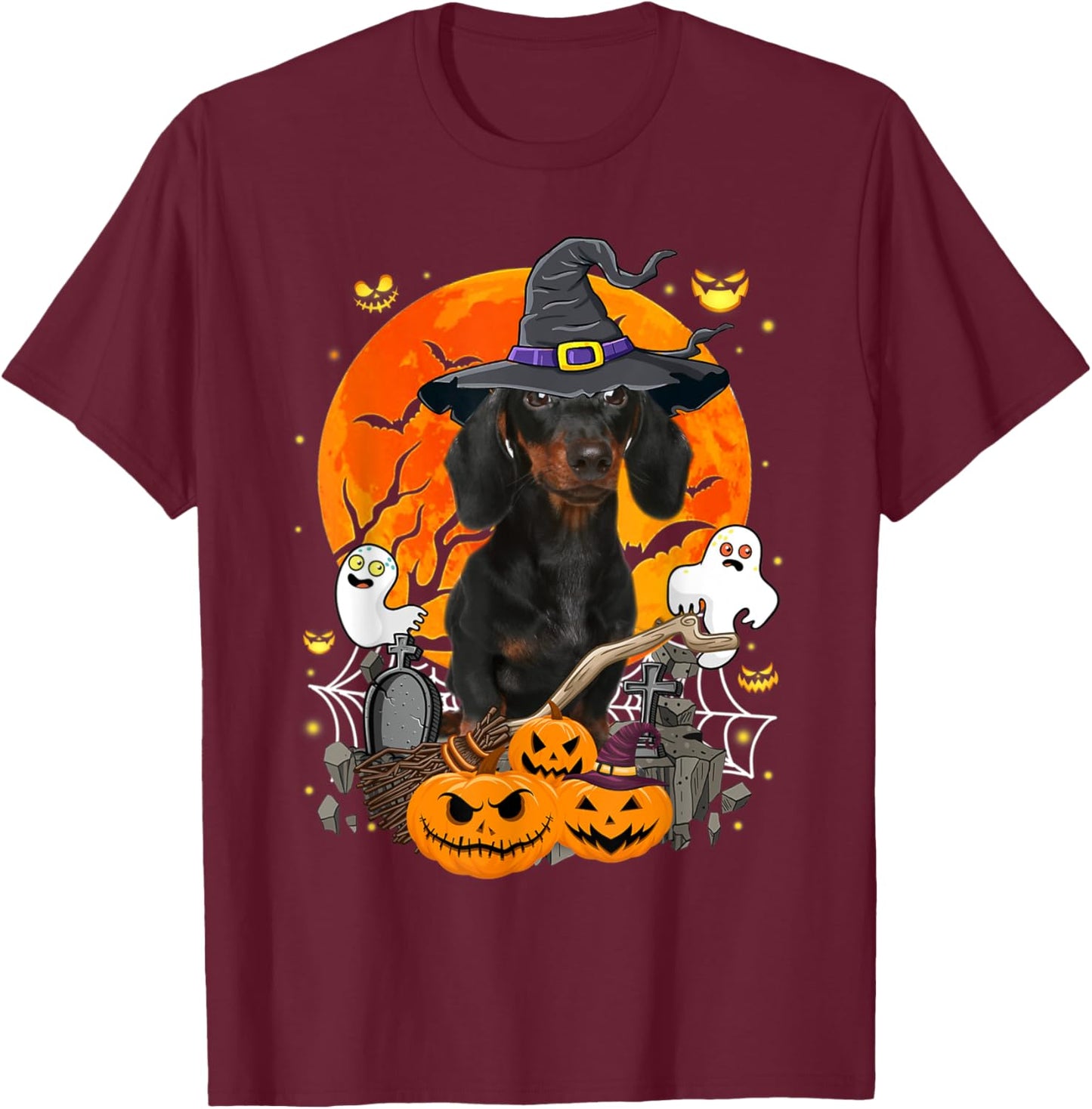 Witchy Dachshund Dog Moon Ghosts Pumpkins Halloween Costume Men Women Kids T-Shirt - T-Shirt | Maroon