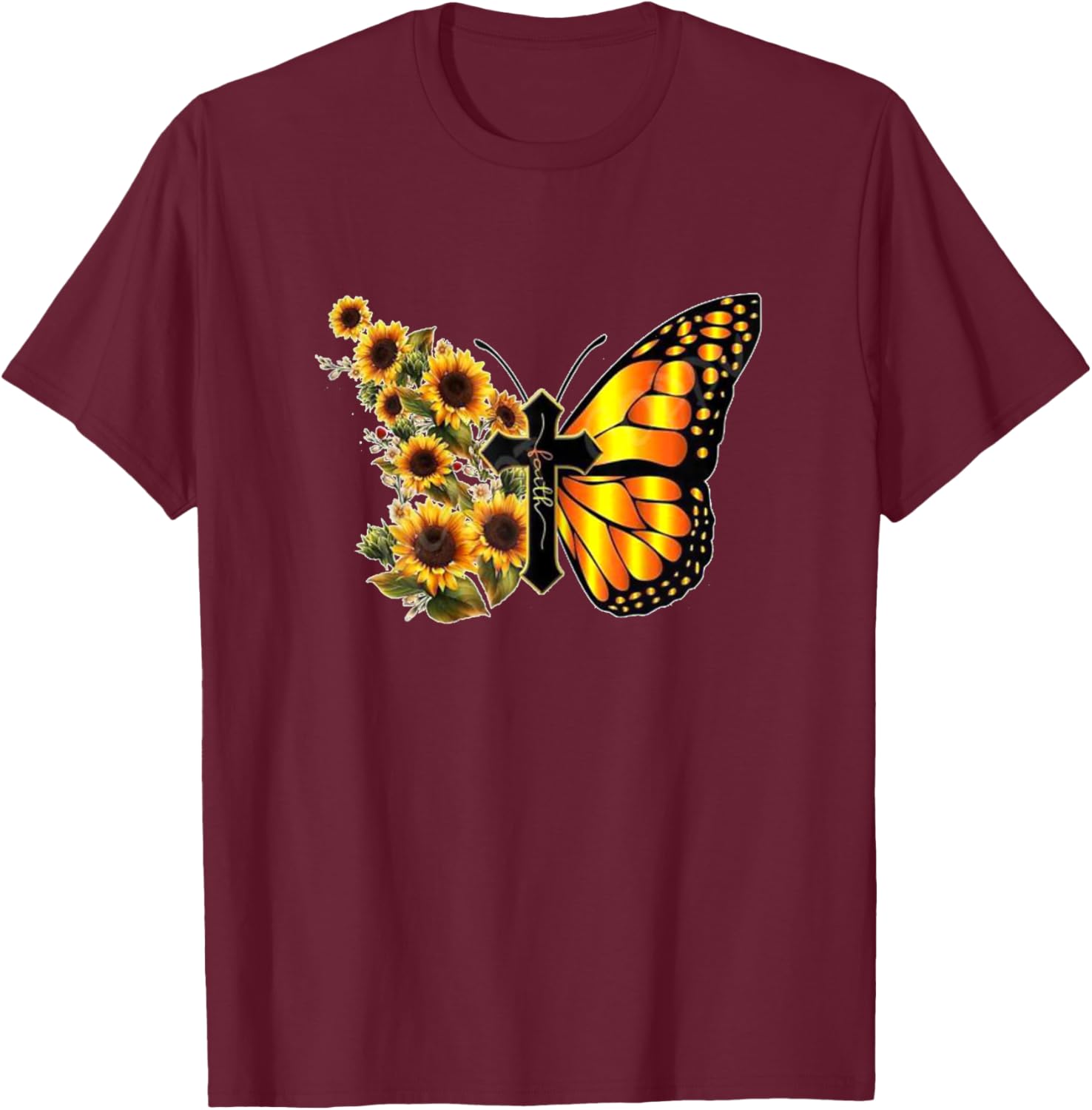 Sunflower Butterfly Faith T-Shirt - T-Shirt | Maroon