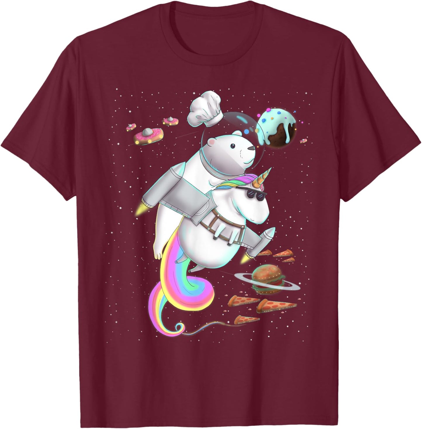 Polar Bear Riding Unicorn Food Pizza Space Party Planet T-Shirt - T-Shirt | Maroon