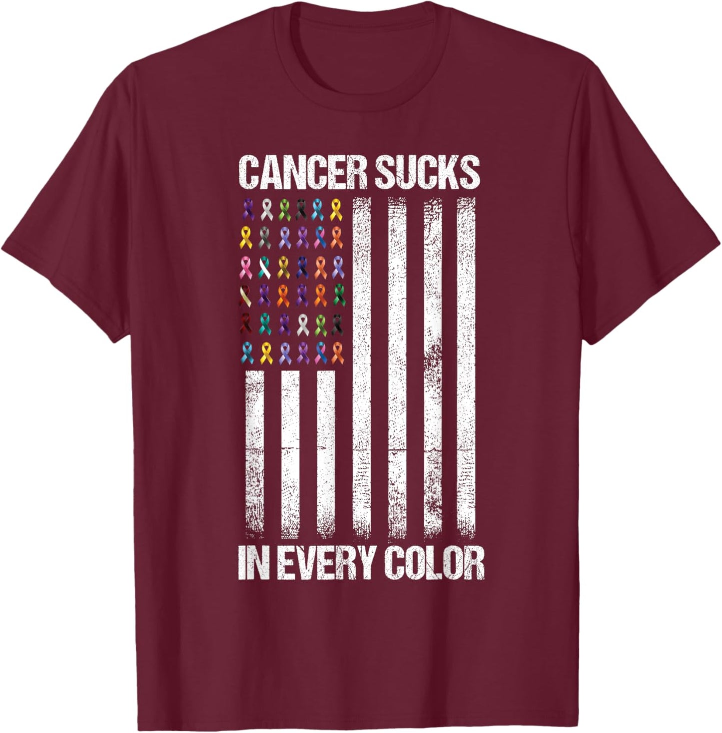Cancer Sucks in Every Color USA American Flag Ribbons T-Shirt - T-Shirt | Maroon
