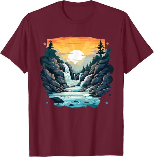 Cascade with cool Sunset for Lakes and Waterfalls Lovers T-Shirt - T-Shirt | Maroon