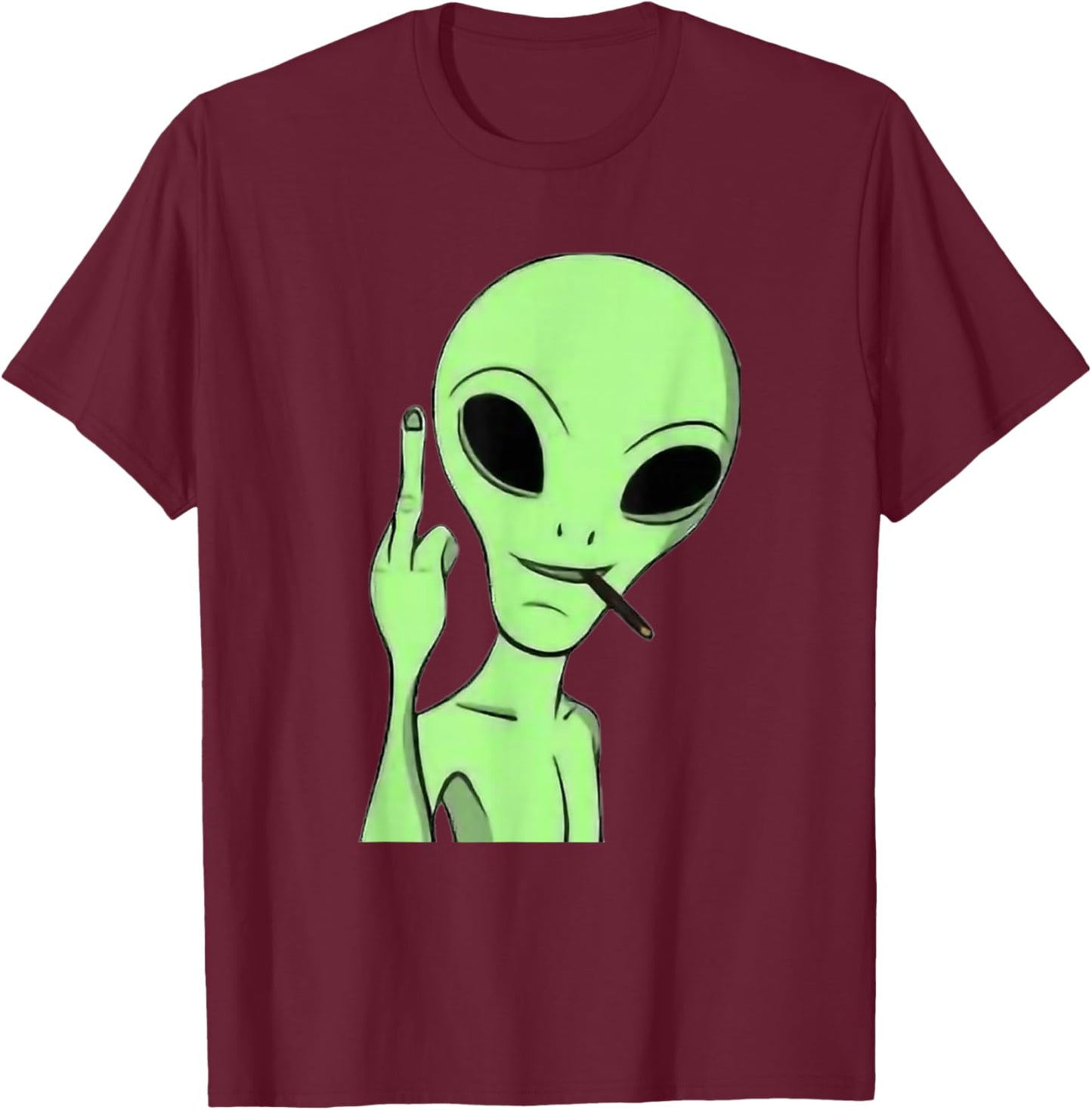 Martian Alien Smoking Blunt Flipping Middle Finger Art T-Shirt - T-Shirt | Maroon