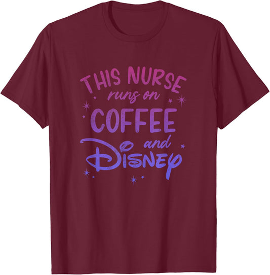 Disney This Nurse Runs On Coffee and Disney Gradient Logo T-Shirt - T-Shirt | Maroon