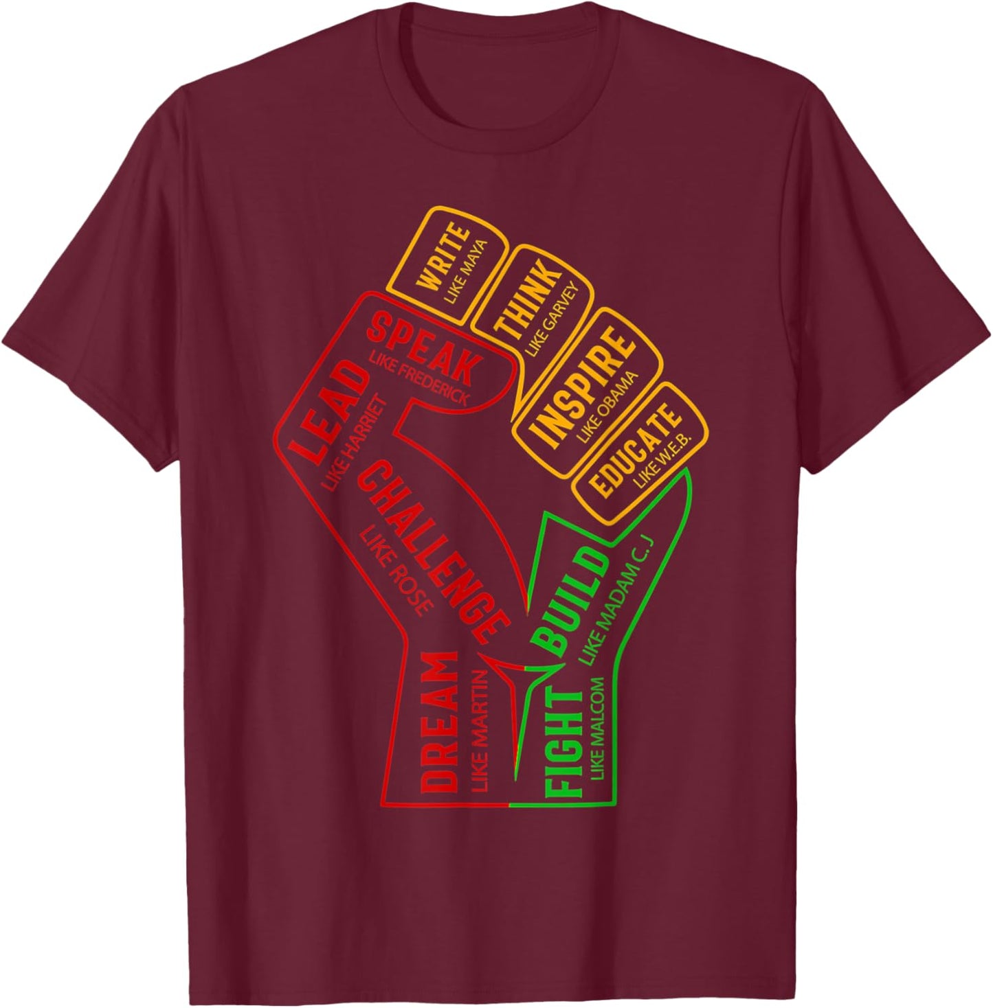 Inspiring Black Leaders Power Fist Hand Black History Month T-Shirt - T-Shirt | Maroon