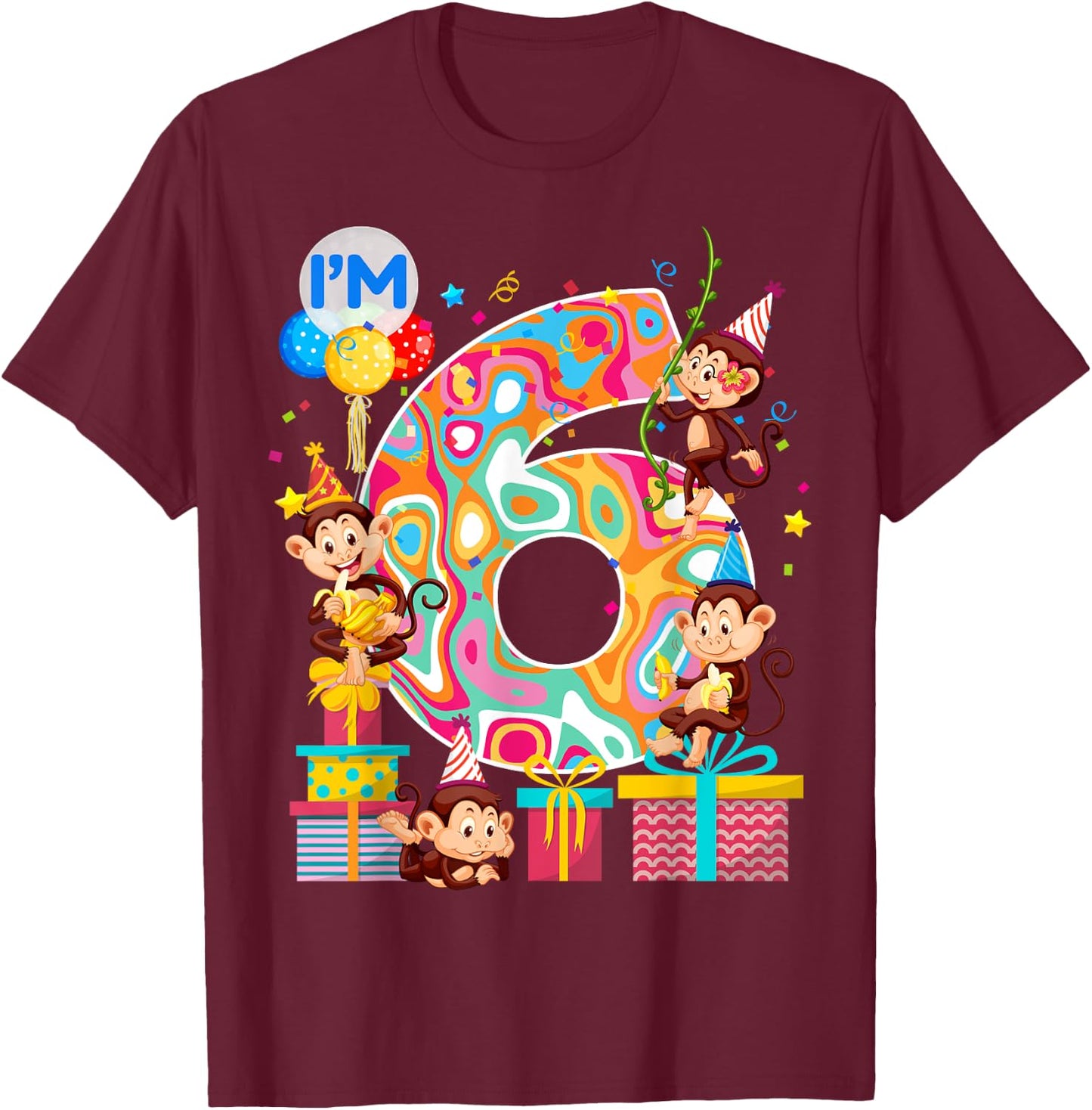 6th B-Day Monkey Birthday Zoo Animal 6 Year Old Funny T-Shirt - T-Shirt | Maroon