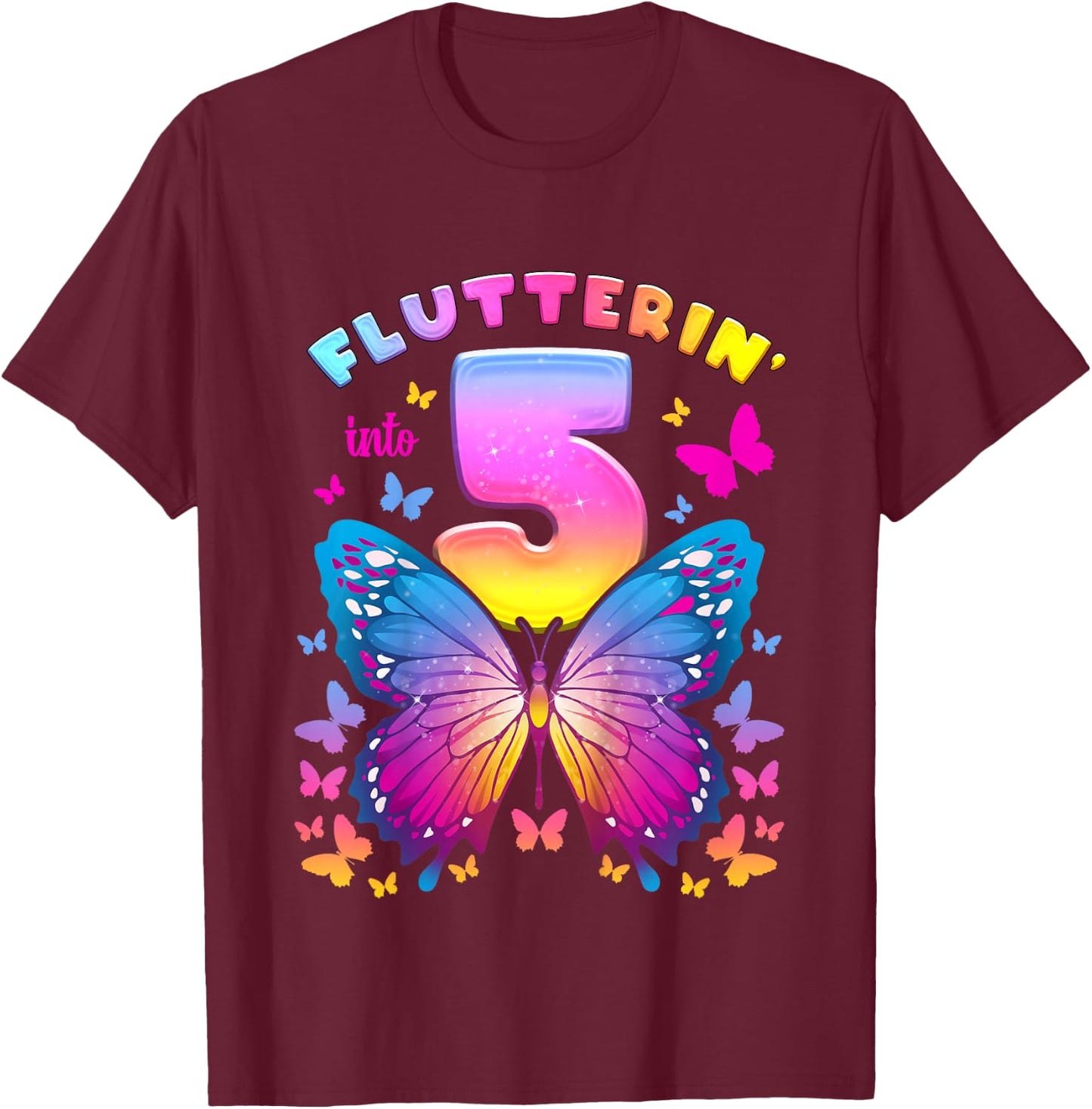 5th Birthday Girl 5 Years Butterfly Number 5 T-Shirt - T-Shirt | Maroon