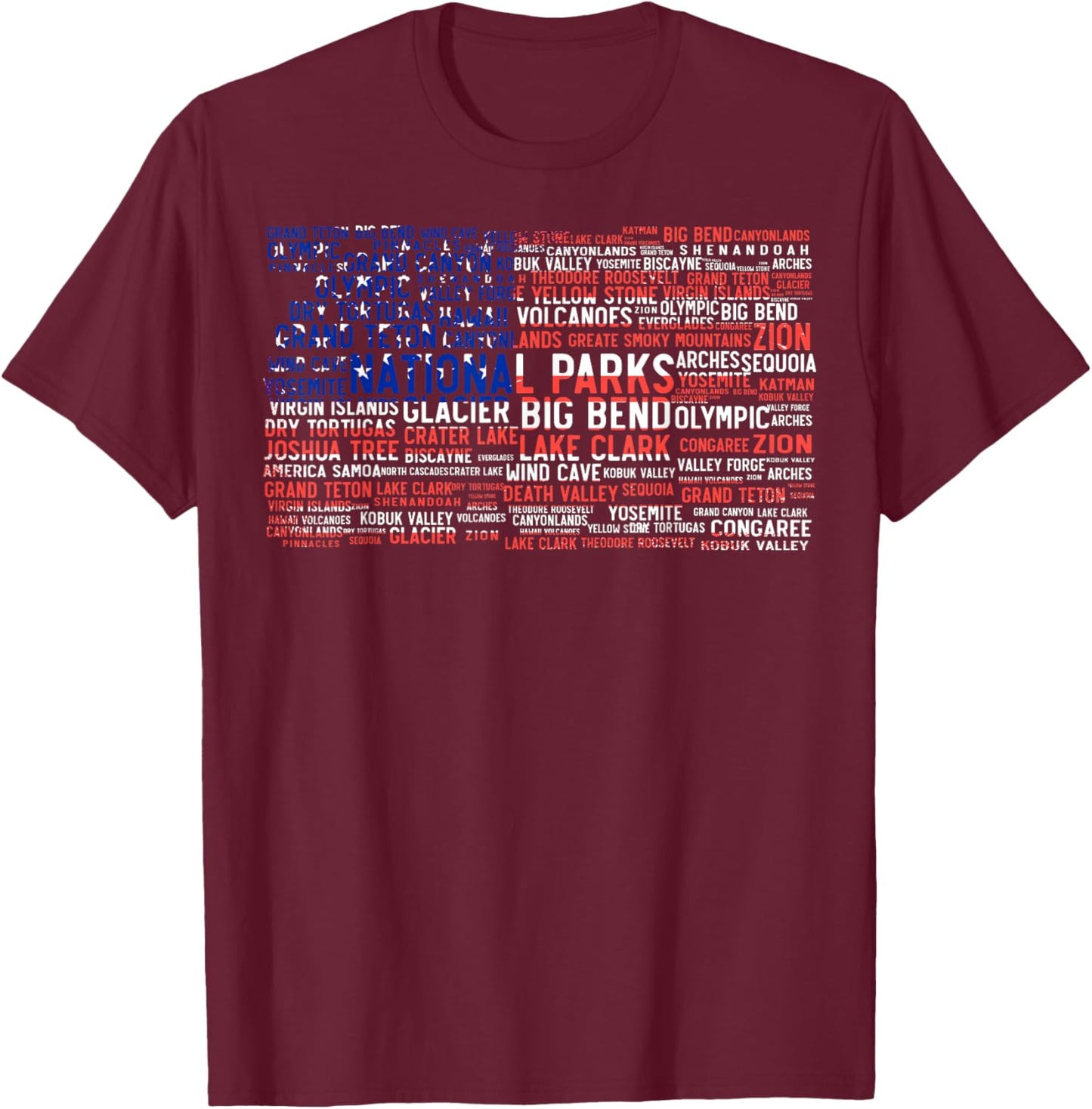National Parks USA List Word Cloud US Flag Camping & Hiking T-Shirt - T-Shirt | Maroon