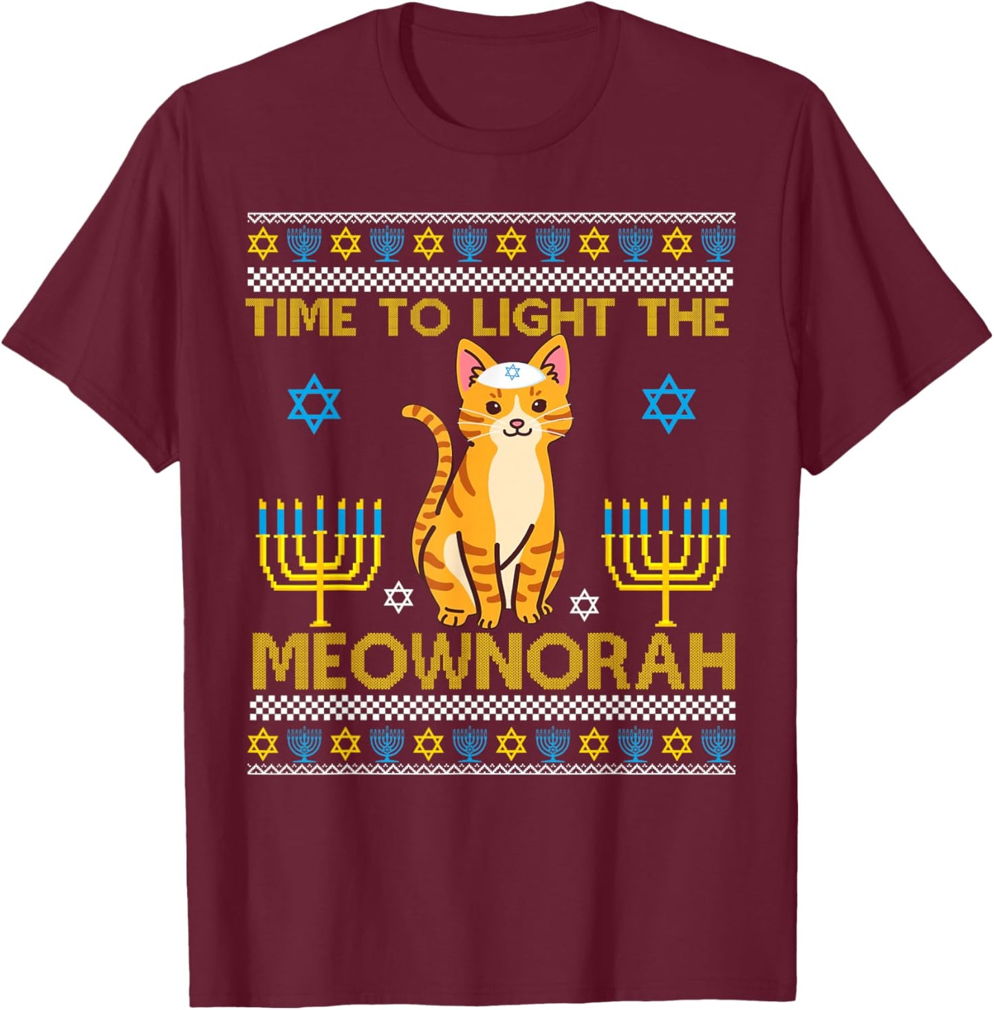 Light The Meownorah Jewish Cat Menorah Lover Ugly Chanukah T-Shirt - T-Shirt | Maroon