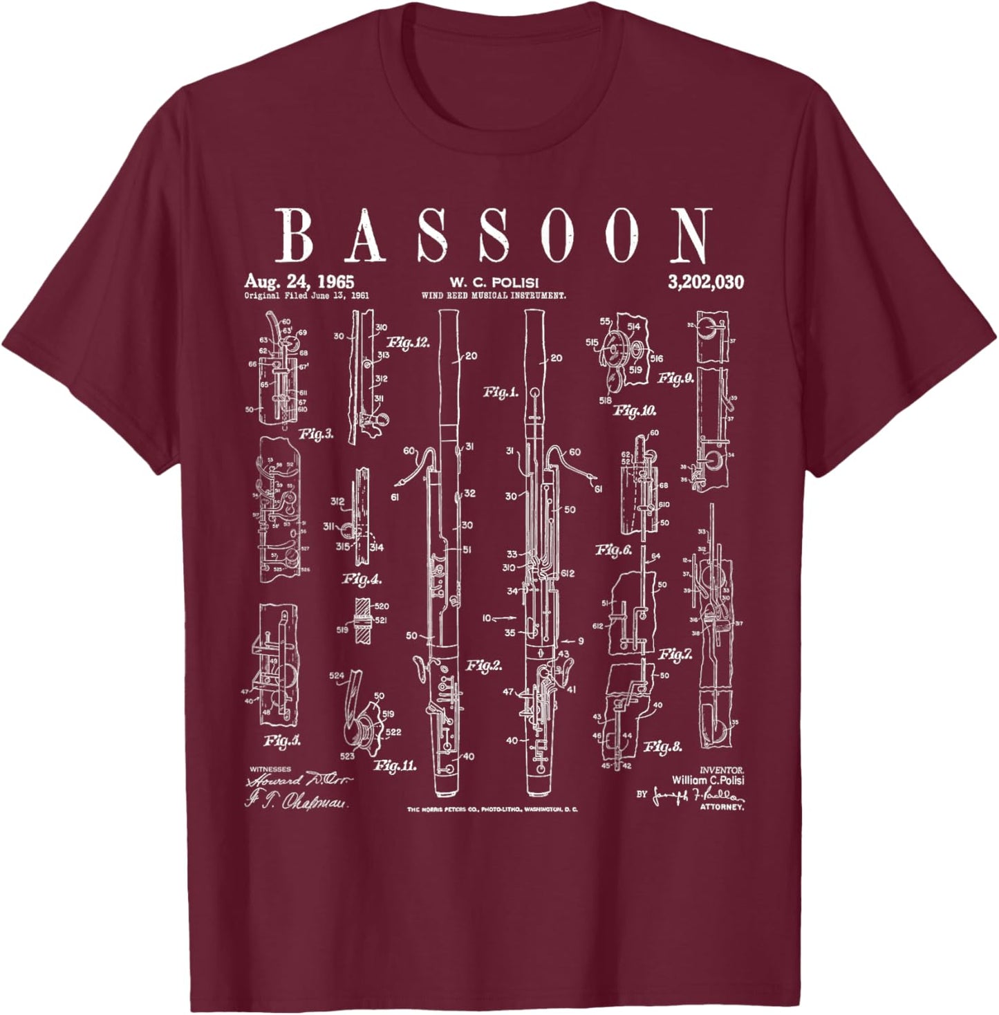 Bassoon Player Vintage Patent Bassoonist Drawing Print T-Shirt - T-Shirt | Maroon