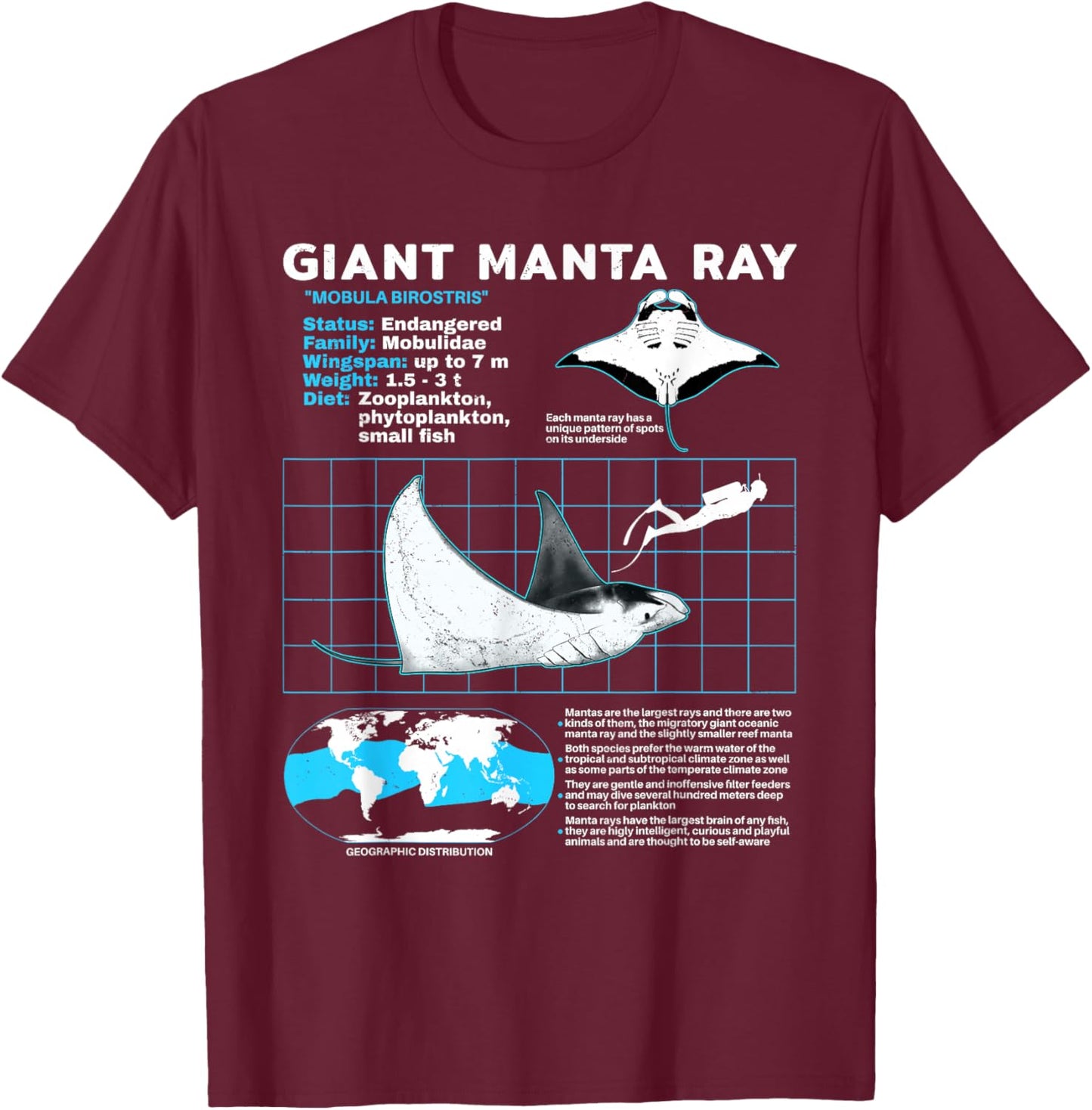 Manta Ray Fact Sheet T-Shirt - T-Shirt | Maroon