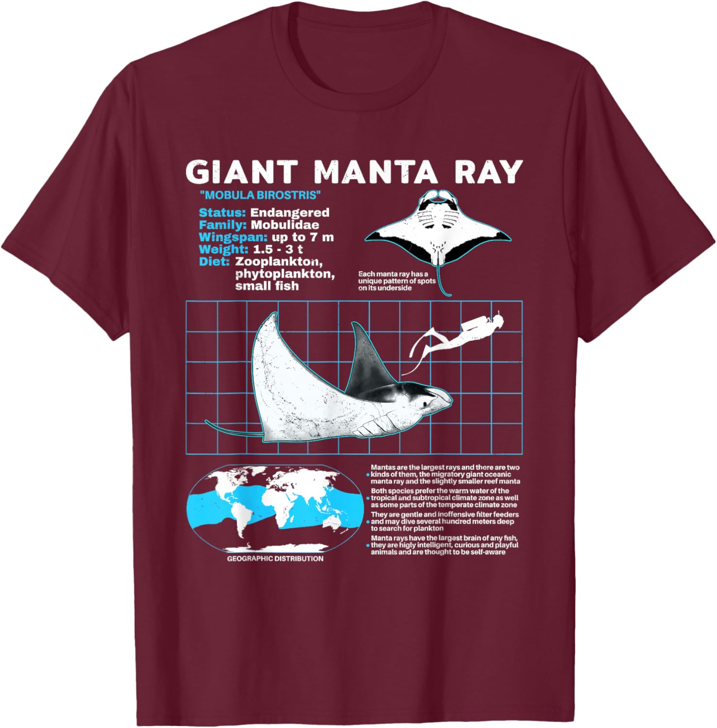 Manta Ray Fact Sheet T-Shirt - T-Shirt | Maroon