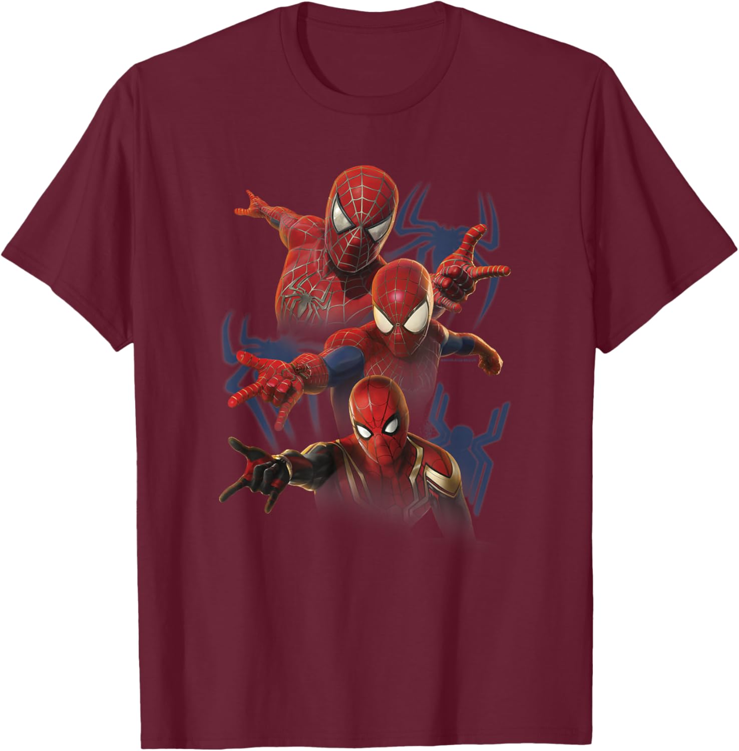 Marvel Spider-Man No Way Home Spider-Man Trio Combat Pose Small T-Shirt - T-Shirt | Maroon