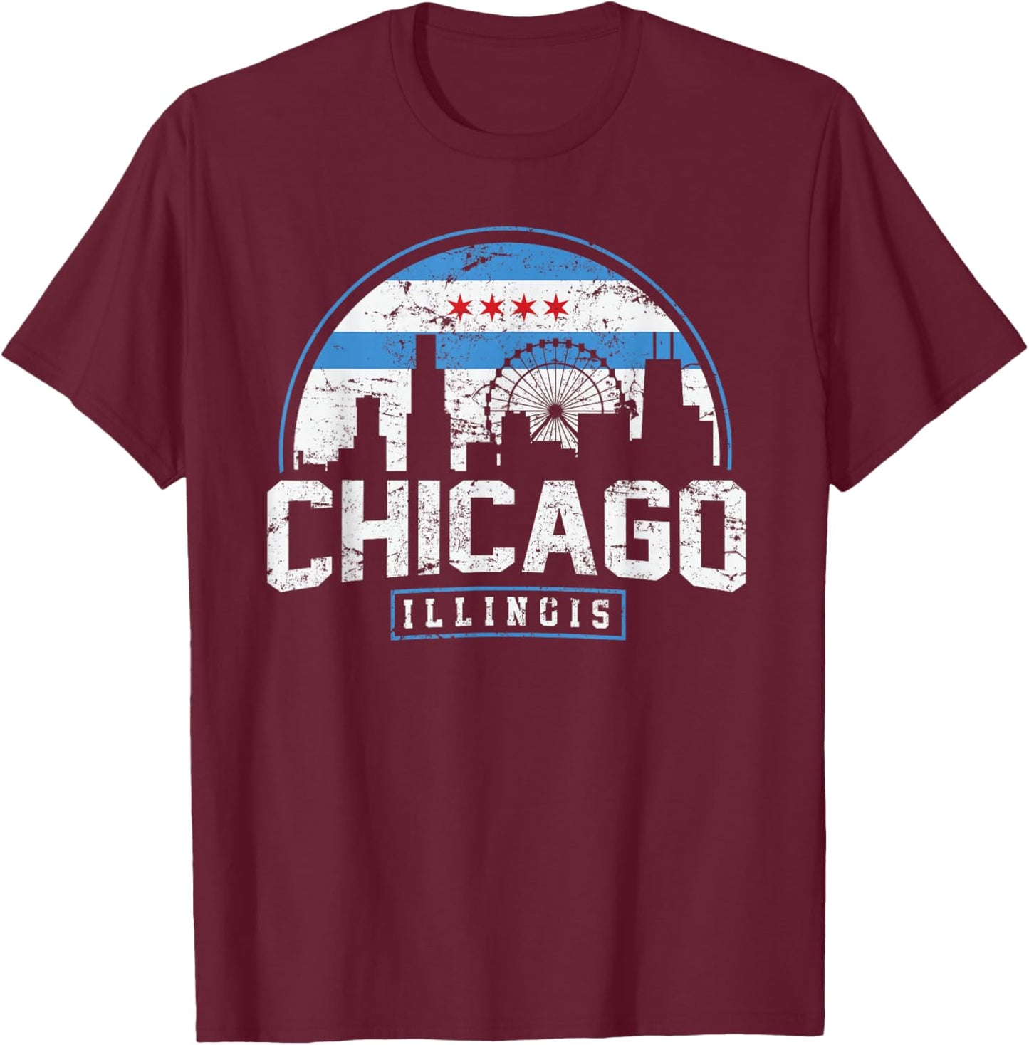 Chicago Illinois Flag Vintage Skyline Shirt Men Women T-Shirt - T-Shirt | Maroon
