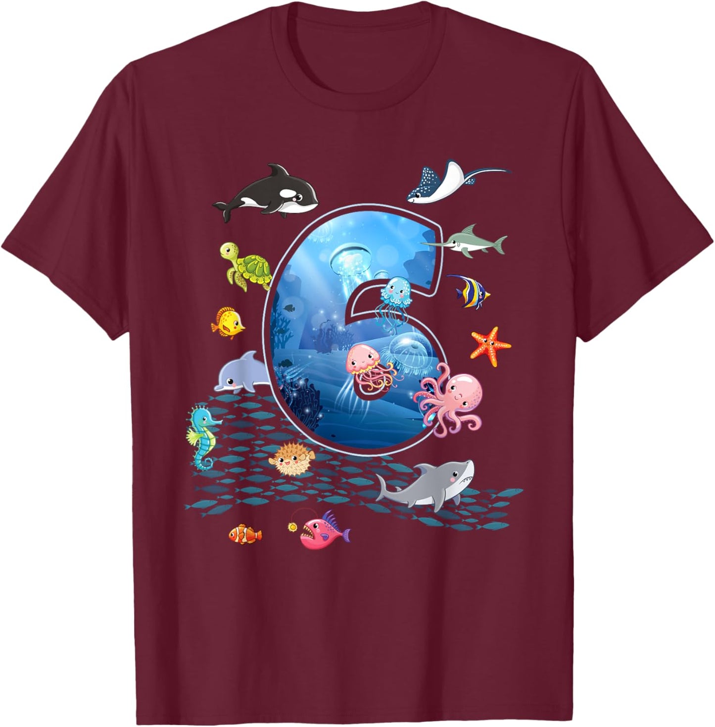 6th Birthday Aquarium Sea Aquatic Animals Lover Boys Girls T-Shirt - T-Shirt | Maroon