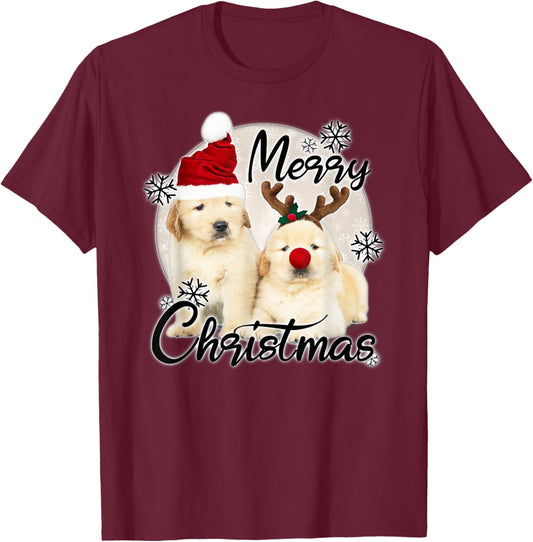 Cute Dog Puppies - Merry Christmas Men Women Kids T-Shirt - T-Shirt | Maroon