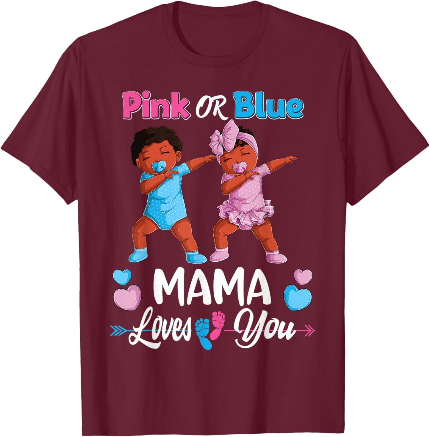 Pink Or Blue Mama Loves You Black Baby Gender Reveal Party T-Shirt - T-Shirt | Maroon